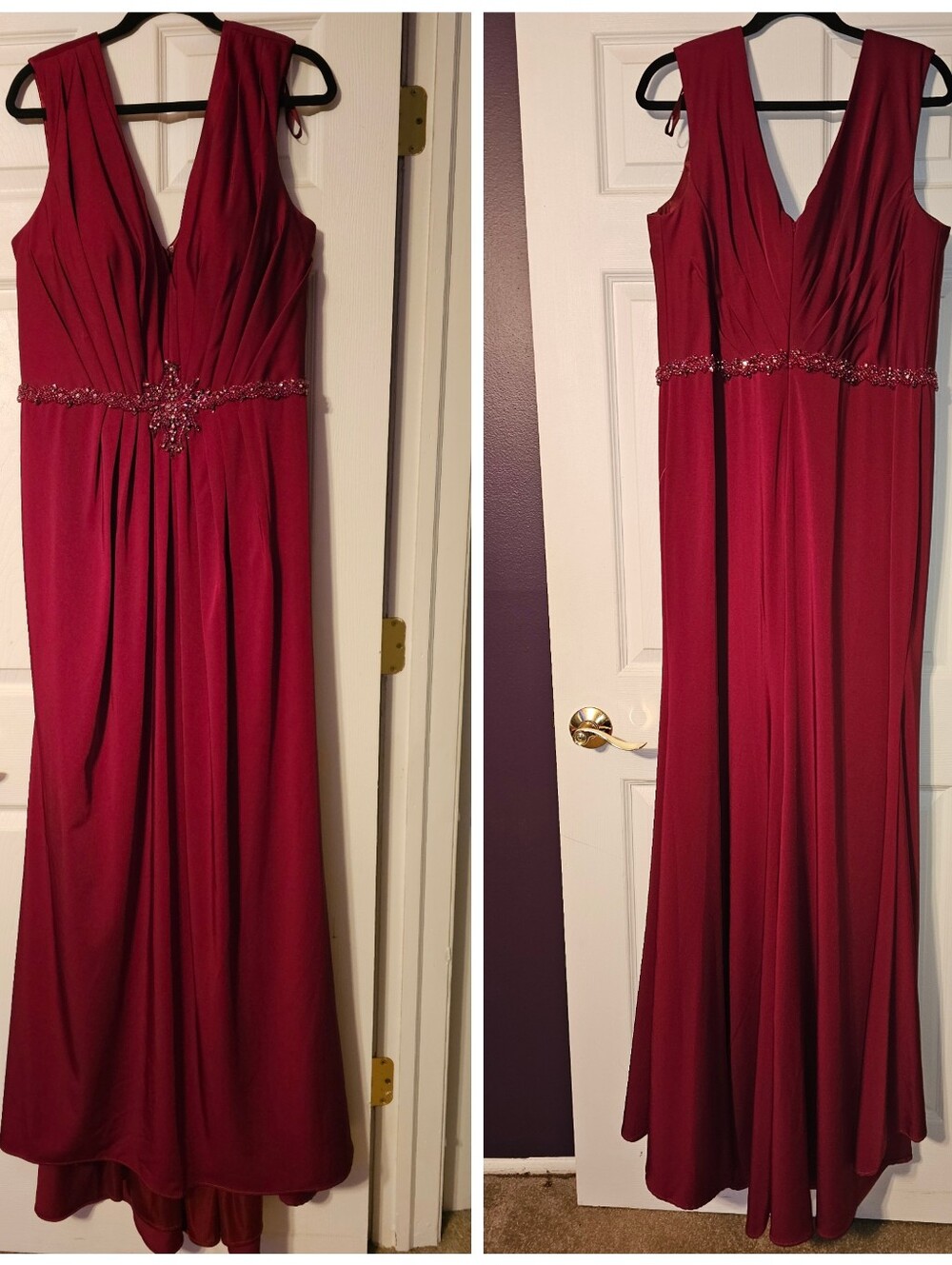Marsoni Burgundy V-Neck Evening Dress with Beaded Waist